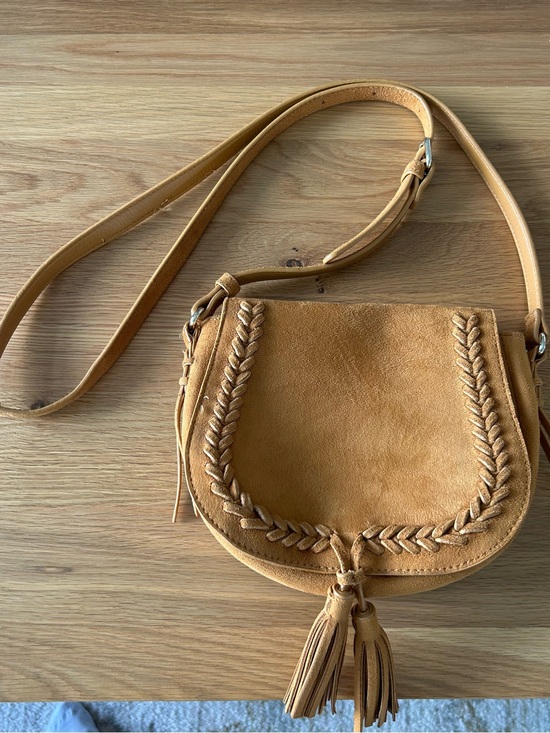 Handbags - Mustard Suede Crossbody Saddle Bag with Braided Detail